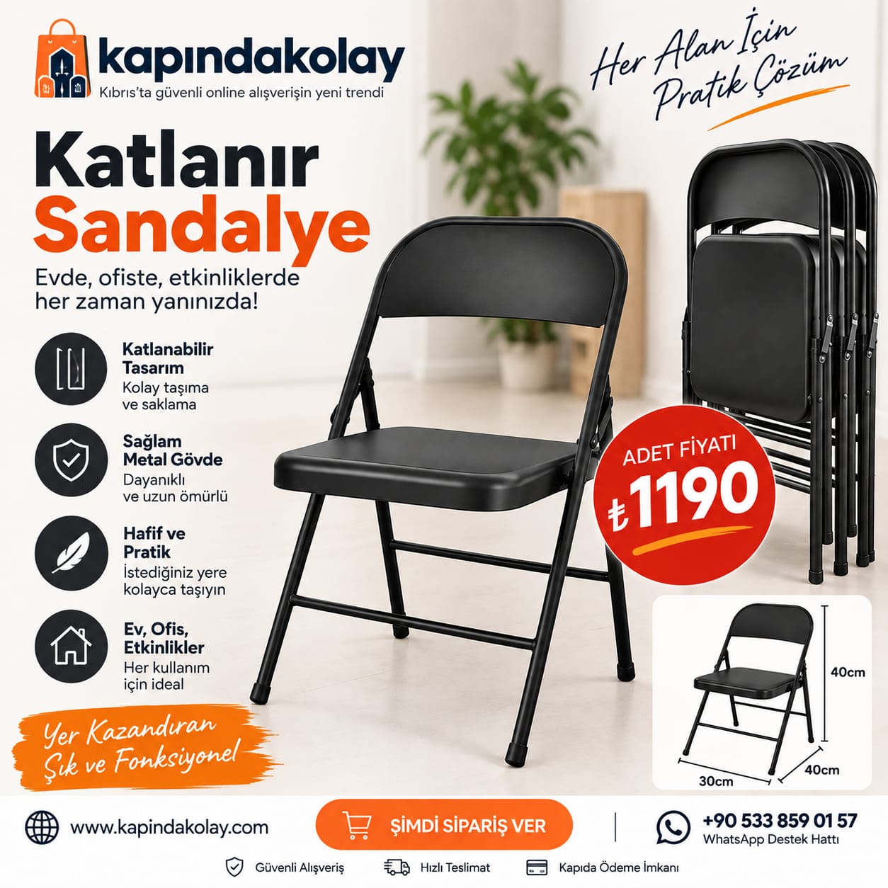 Katlanır Süngerli Deri Sandalye – Siyah Katlanır Süngerli Deri Sandalye – Siyah